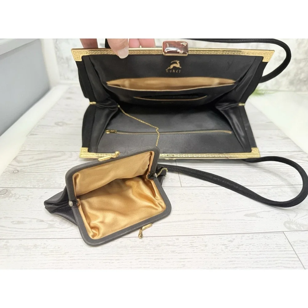 Koret Vintage Black Suede Evening Handbag W Chained Coin Purse & Mirror w Pouch